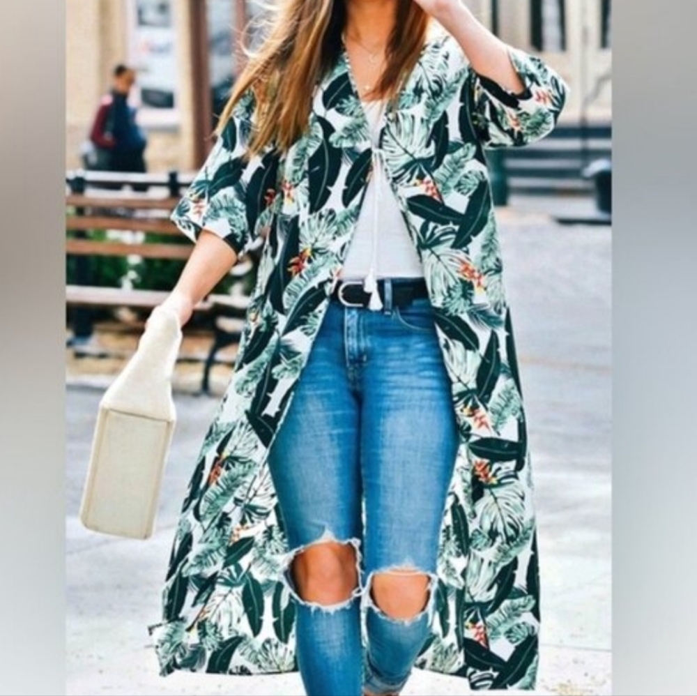 Rachel Zoe Tropical Palm Print Botanical Kimono or Swim Cover Up One Size